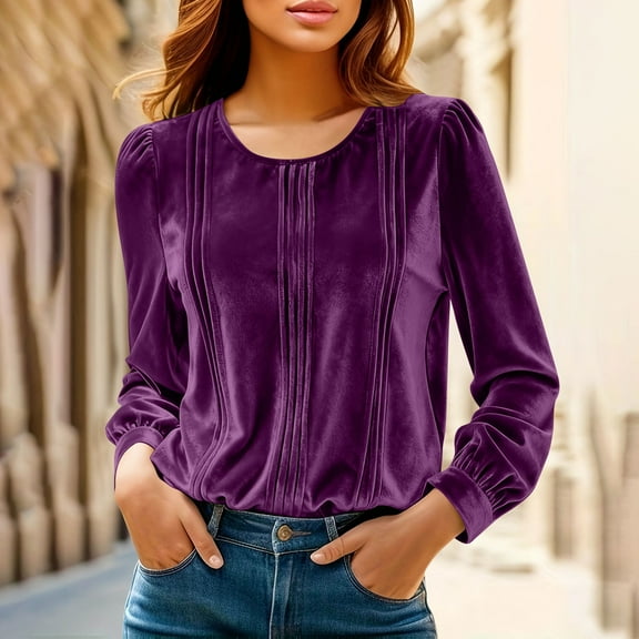 Women's Velvet Long Sleeve Shirt Casual Crewneck Pullover Solid T-Shirt Velvet Tops Plus Size Fall Fashion Outfits Purple L