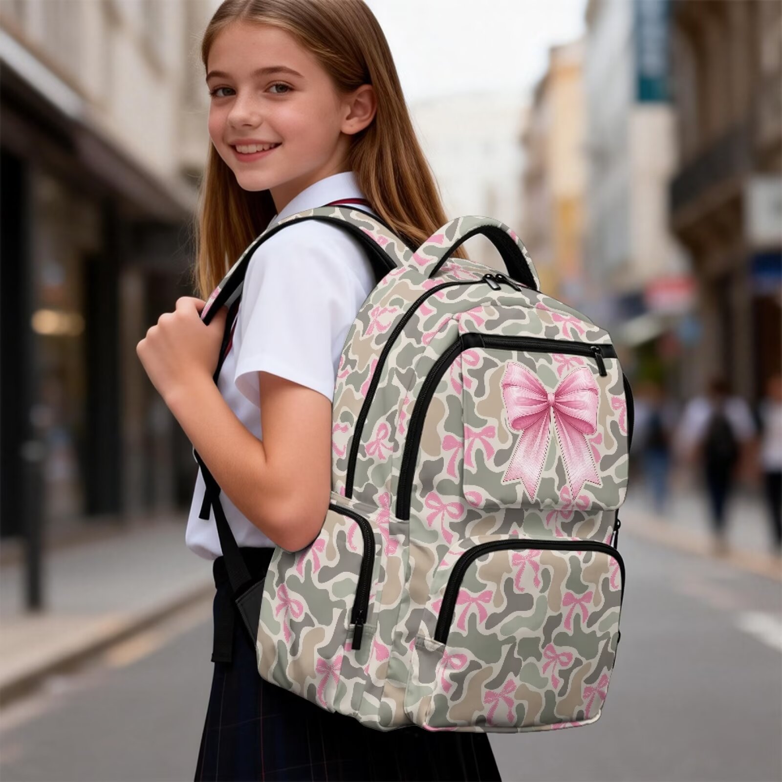 Mochila escolar para adolescentes, rosa salvia con moño camuflaje para niñas de 17 pulgadas, compatible con laptop de 15.6, correas ajustables ligeras para preparatoria 5
