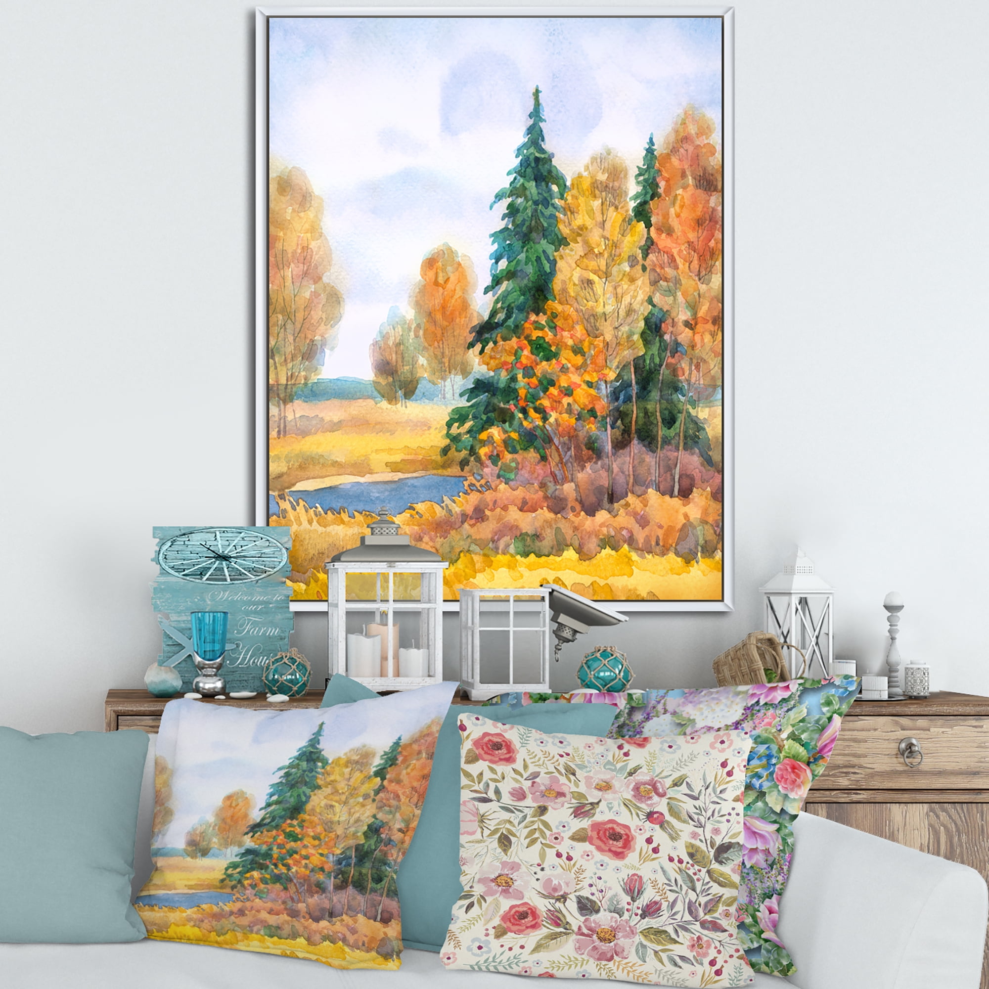 Designart 'Autumn Forest By The Lake Side V' Lake House Framed Canvas Wall Art Print