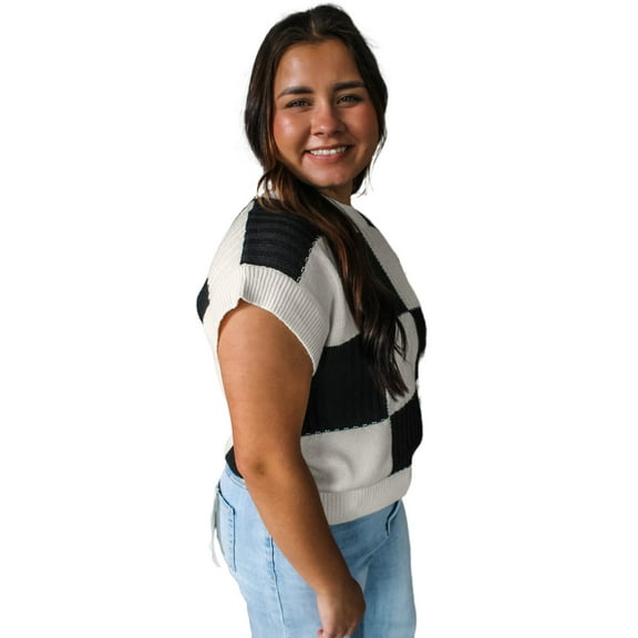 Women's Black Checkered Color Block Crew Neck Short Sleeve Sweater - [ZhiHiMeRi] | (US 12-14)L