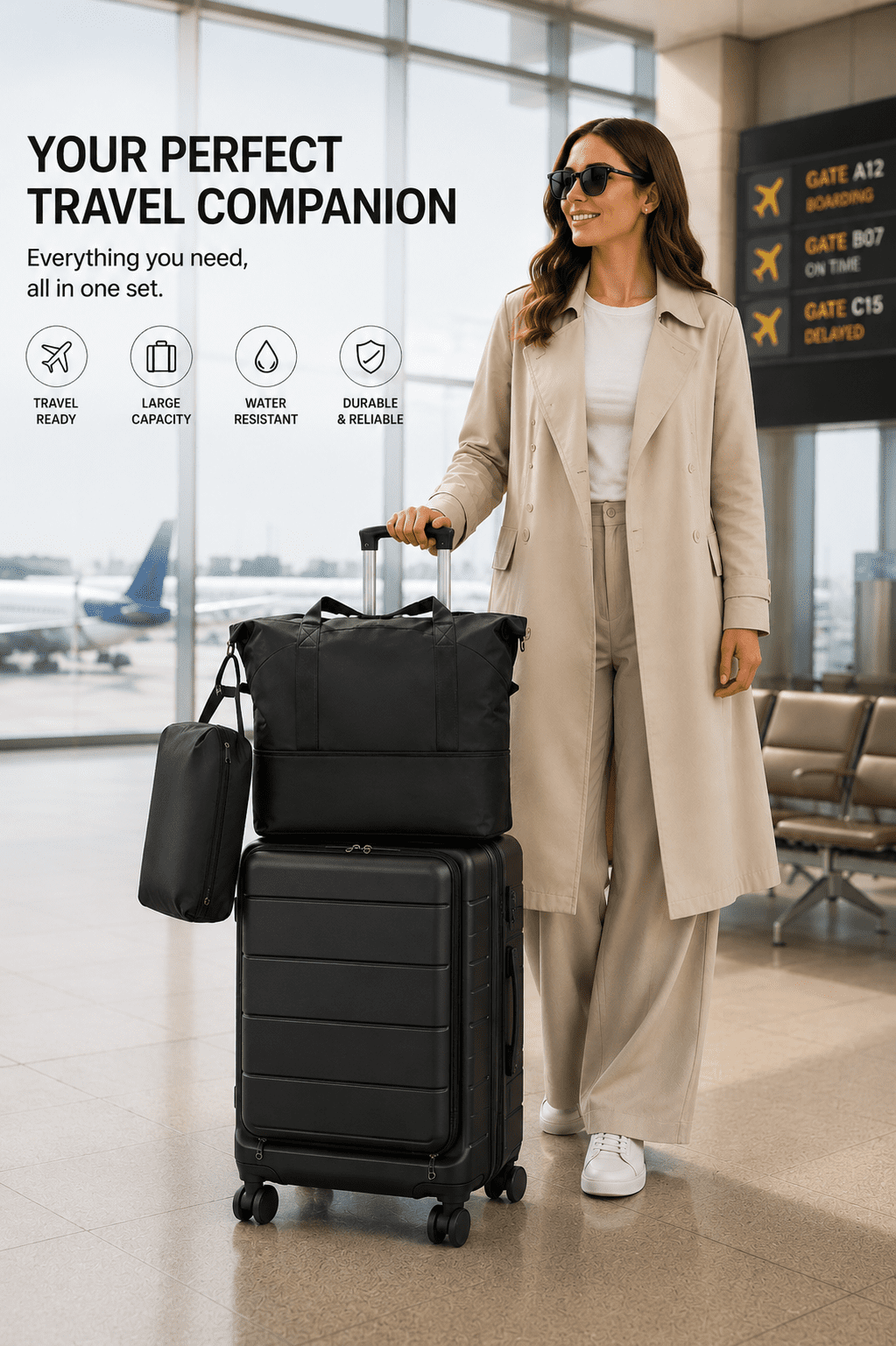 3 Piece Set Carry-On Airline Approved Luggage,Hardside TSA Lock Spinner Suitcase with Travel Bag and Toiletry Bag,Black - FX-Lite