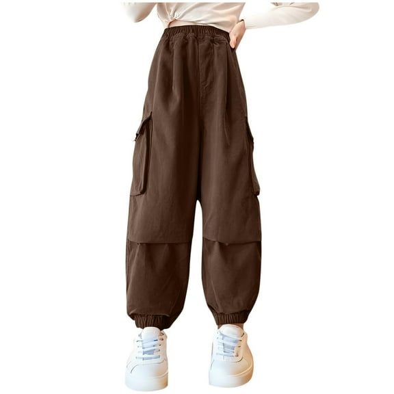 BFHHYA Tween Girls' Cuffed Cargo Joggers Kid Casual Loose Drawstring Elastic Waist Pants Lightweight Active Pants (5-16 Years)