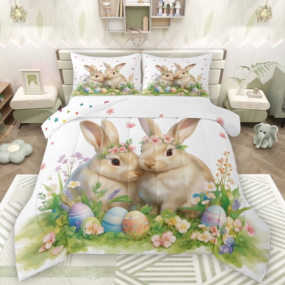 Manfei Cute Rabbit Bedding Comforter Set,Cartoon Dinosaur Egg Twin Comforter Sets,Colorful Flower Floral Bedding Set For Girls Kids,Breathable Home Decor Reversible,2 Pieces