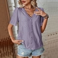 thumbnail image 2 of Womens Lace V Neck Short Sleeve Eyelet Tops Dressy Business Casual Work Shirts Blouse Solid Color Button Summer T Shirts, 2 of 5