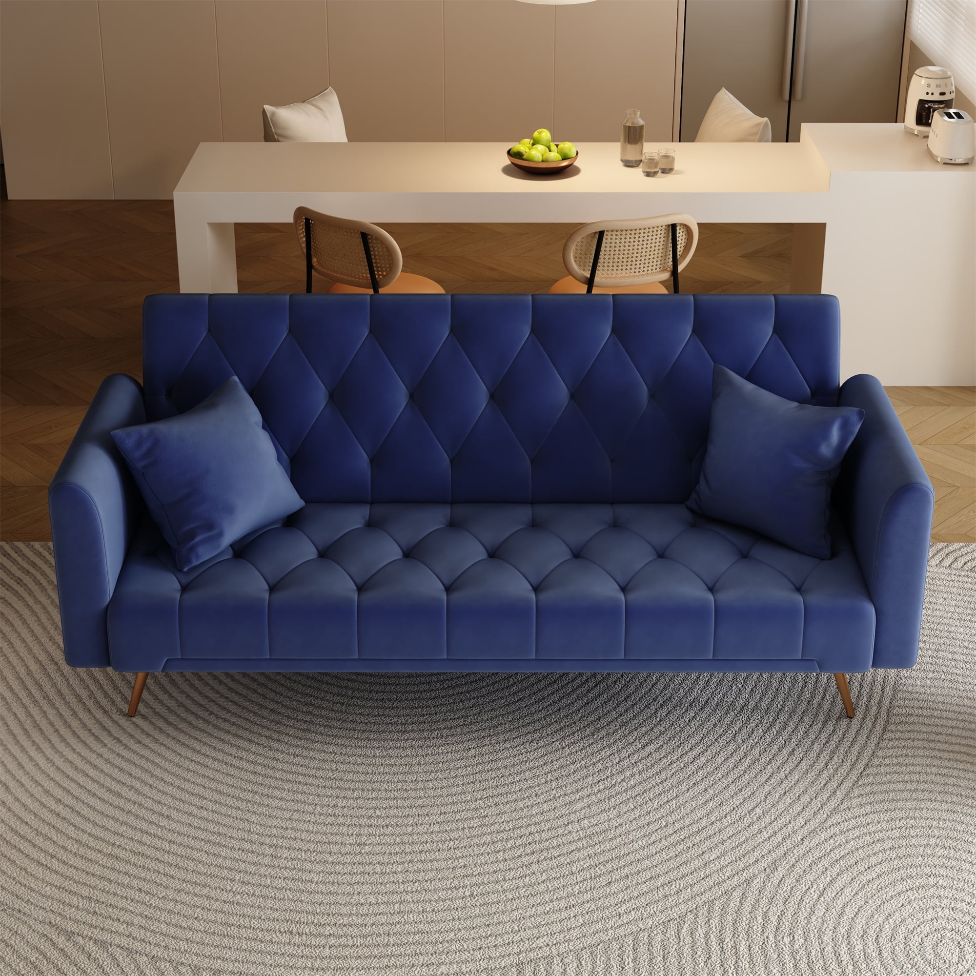 Aukfa Velvet Futon Convertible Sofa Bed, Upholstered Arm Couch for Home Office, 2 Pillows, Blue
