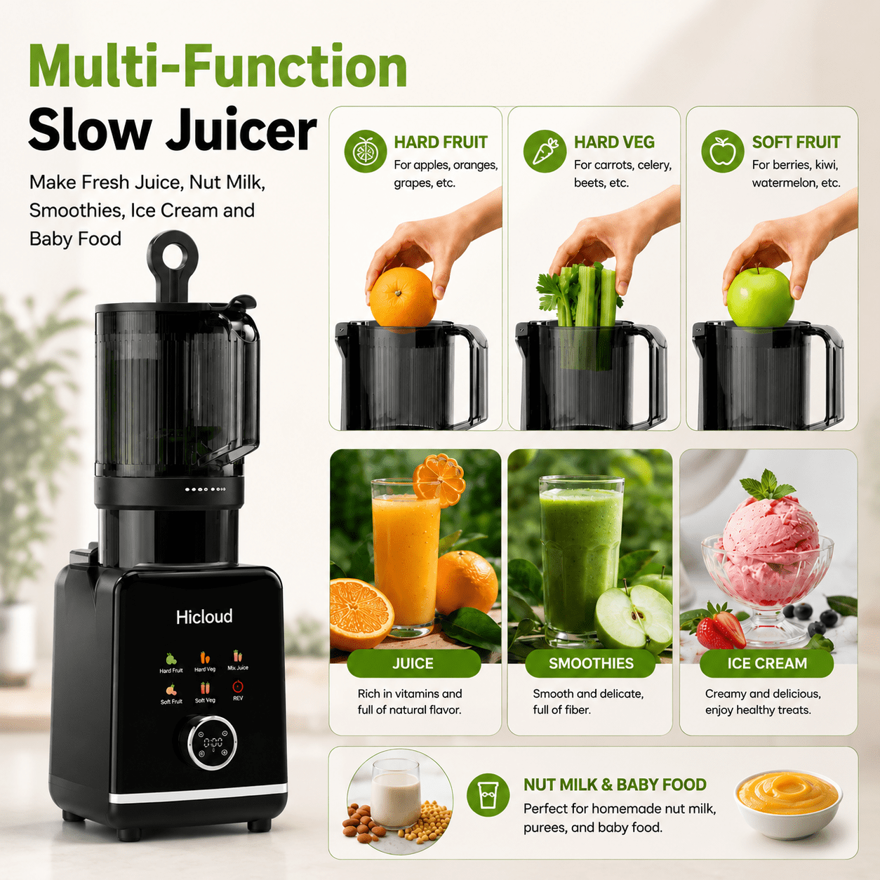 Hicloud 200W Juicer, Cold Press Juicer with 4.4" Large Feed Chute, Electronic 5-Speed Masticating Juicer Machines for Whole Vegetables & Fruits, High-yield Juice Maker, Easy Clean