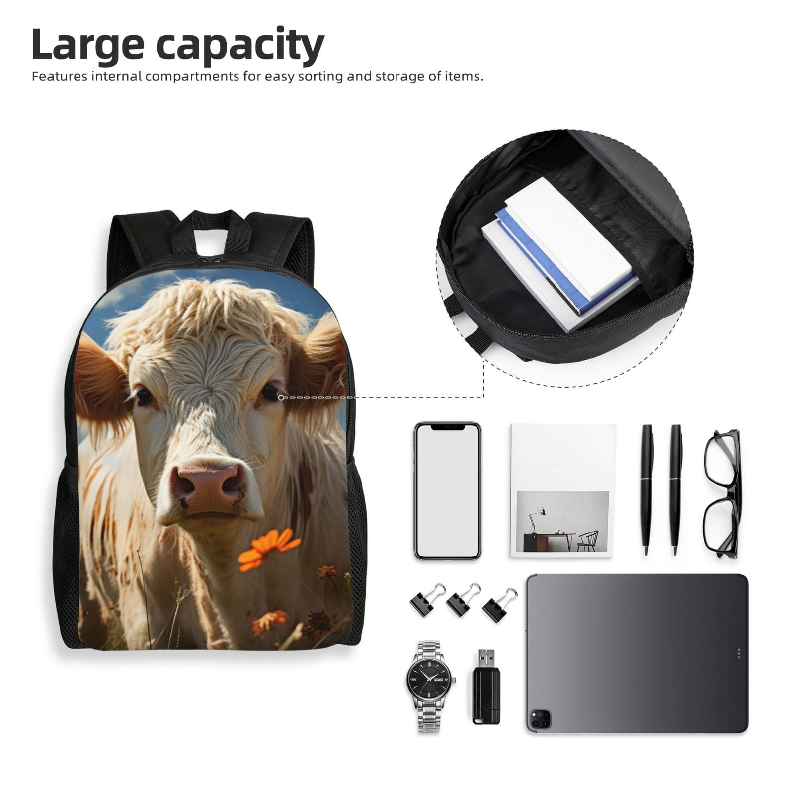 Xecao Daisy Meadow Cow Print School Backpack with Laptop Compartment Small Travel Laptop Backpack for Women Men Waterproof College Backpack Simple School Bag