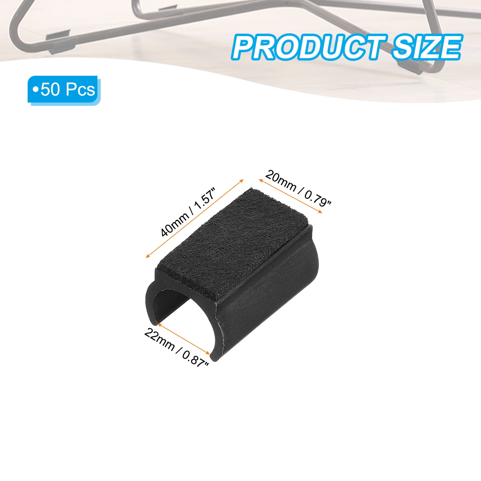 Rectangle U Shaped Chair Leg Tips Cap with Felt Pad, Furniture Feet floor Fit Dia 22 mm Leg, Black 50 Pack