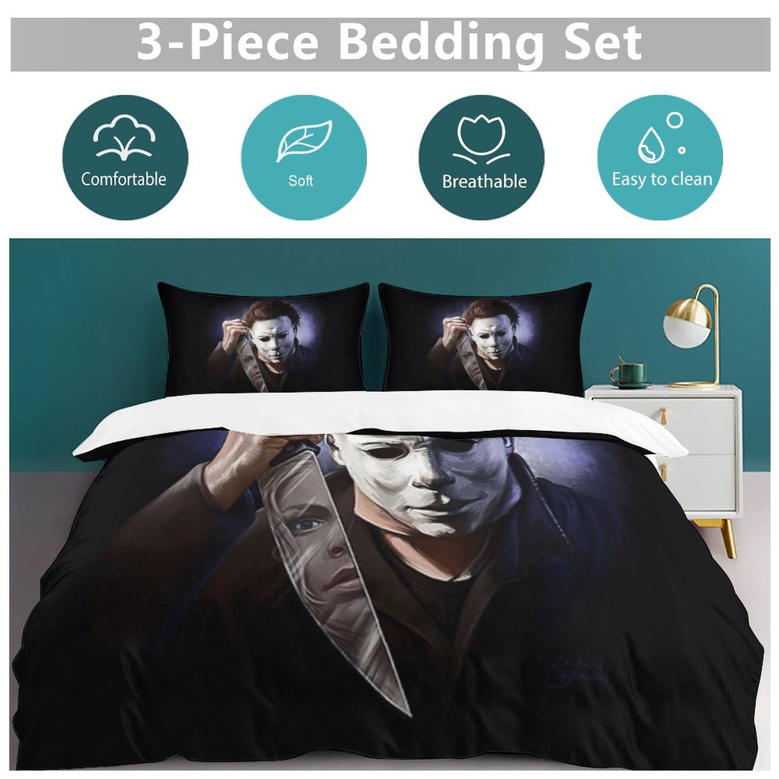 Michael Myers Halloween 3 Pcs Bed Sheets Set Breathable Duvet Cover with 2 Pillow Sham Soft All Seasons Bedding Set 90"x90"