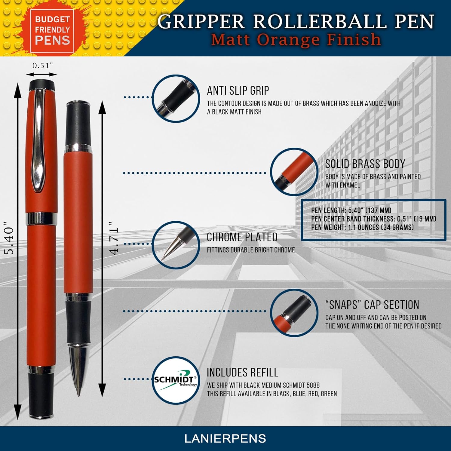 Gripper Rollerball Pen - Matt Orange with Anti Slip Grip (Budget Friendly Pen)