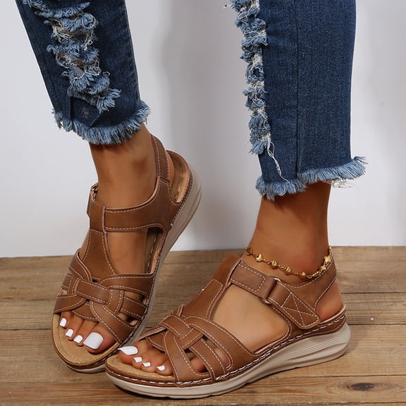 KBODIU Sandals Women Comfortable Outdoor Sandals with Arch Support Walking Sandals Muffin Leather Round Toe Black Platform Straw Mesh Wedge Casual Sandals Brown 39