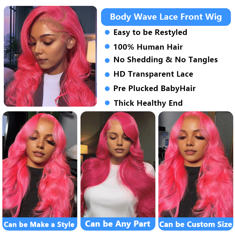 Pink Colored 13x4 Lace Front Wig Body Wave Brazilian Remy Human Hair Wigs Preplucked Natural Hairline High Density Elegant Hairstyle For Women Daily&Birthday&Wedding Use Wig 180 Density 28 Inch