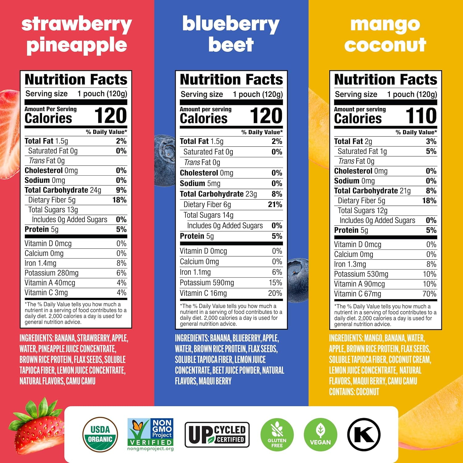 Noka Superfood Fruit Smoothie Pouches Variety Pack, Healthy Snacks with Flax Seed, Plant Protein and Prebiotic Fiber, Vegan and Gluten Free Snacks, Made in USA, Organic Squeeze Pouch, 4.22 oz, 12 Cou