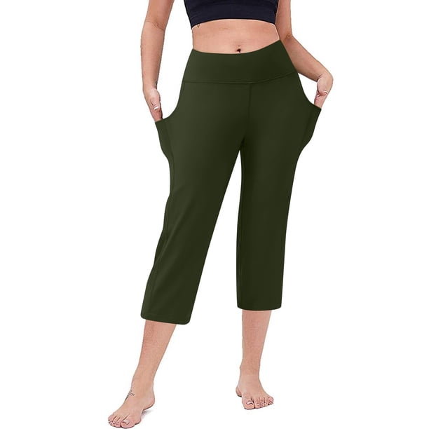 pantalón elástico de cintura alta 3/4 para mujer pantalones de pierna capris anchos con ajuste activo casual pantalones con bolsillos verde militar / 2xl
