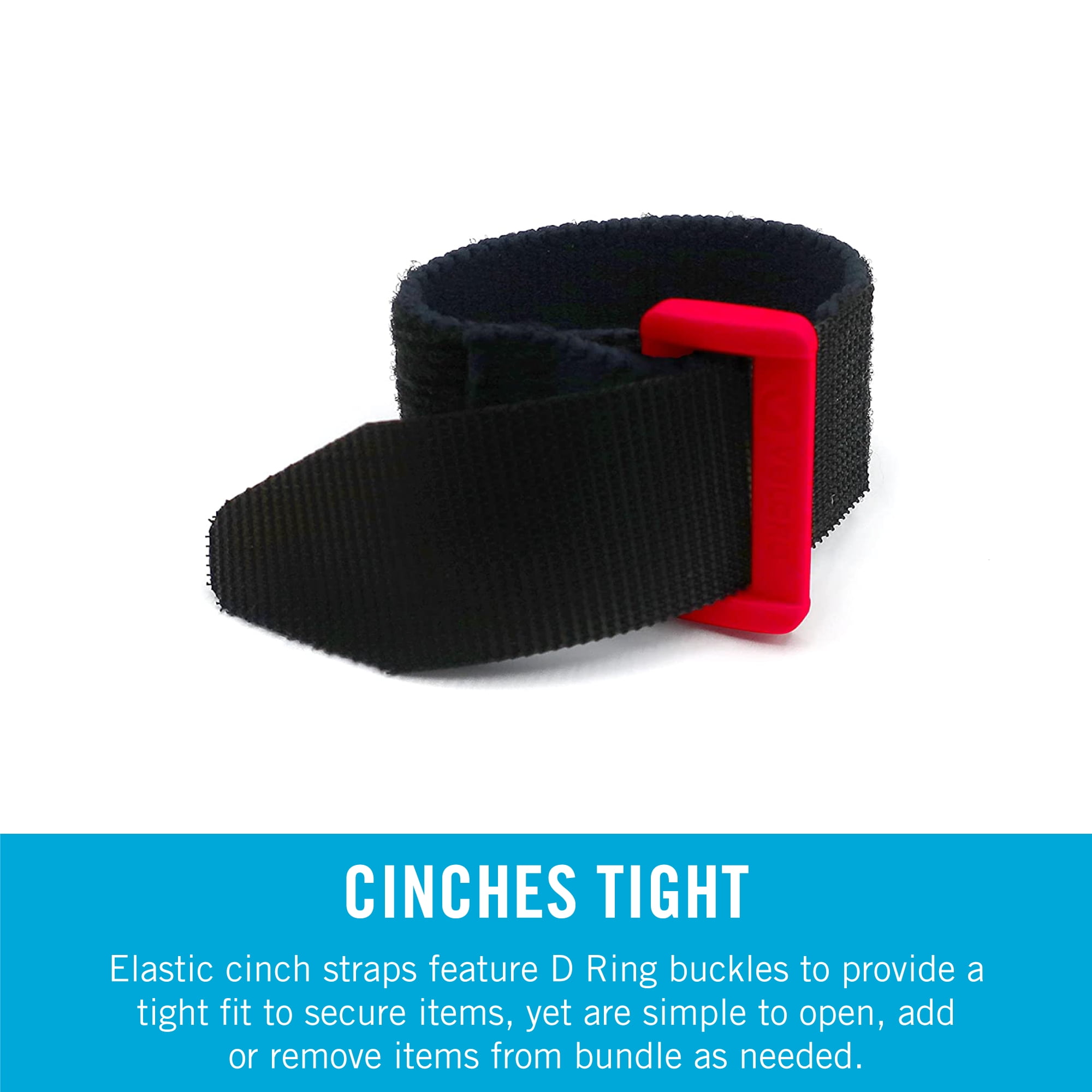 VELCRO Brand Black Elastic Cinch Strap For Hoses, Cords, Camping Supplies, 8"x1" with Red D Ring 2ct