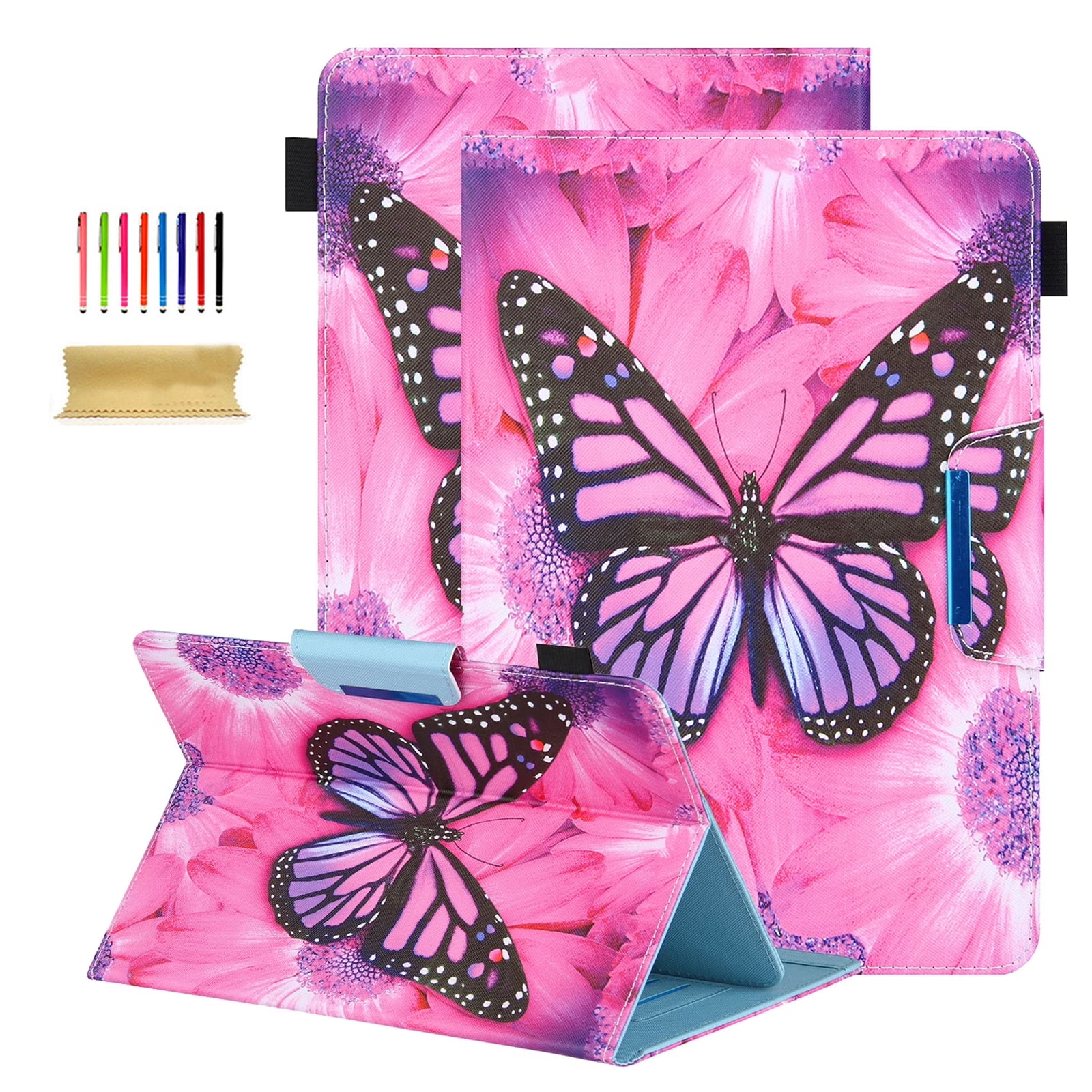 TECH CIRCLE Universal Tablet Case for 9.6-10.5 inch Devices, with Built-in Stand, Stylus Pen Loop Holder, Card Slots, PU Leather Lightweight Cute Folio Cover for 10 inch Android Tablet, R Butterfly