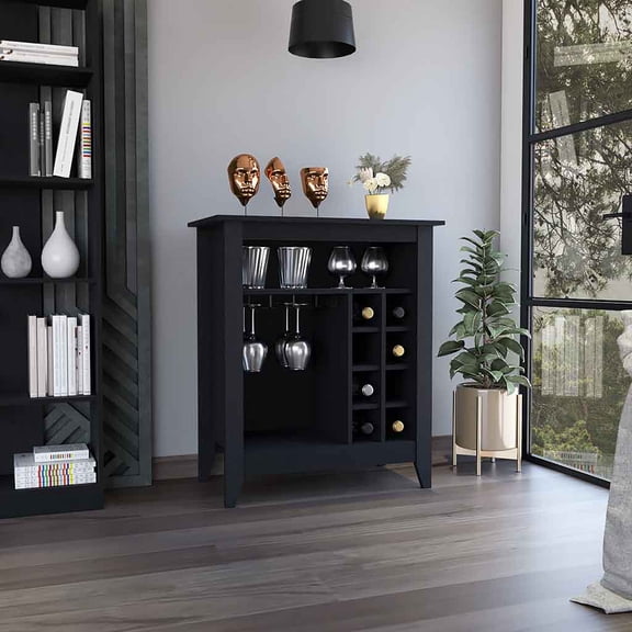 Wengue Finish Bar Cabinet - 6 Wine Cubbies, Black Castle Style Storage Unit