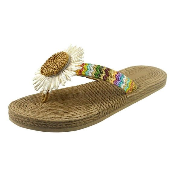 VerPetridure White Sandals Women Women Weave Beach Breathable Sandals Home Slipper Flowers Flip-Flops Flat Shoes