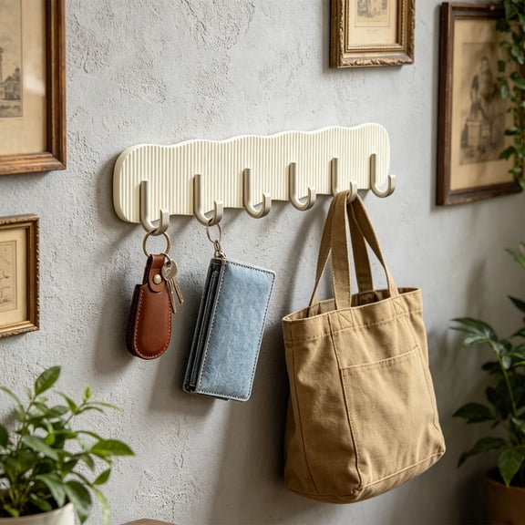 Creatitoy Drill-free adhesive hook rack with 6 hooks. Strong adhesive for seamless wall mounting. Practical organizer to hang towels, coats and utensils in bathroom, kitchen and behind doors.
