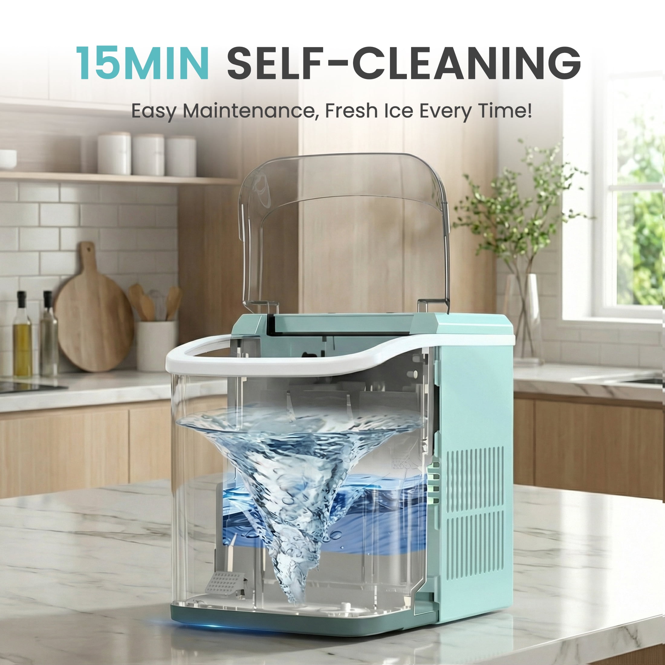 edx Nugget Ice Maker Countertop, 26 lbs/24H , Self-Cleaning Ice Maker , Includes Ice Scoop & 2.65 lbs Removable Basket, Green