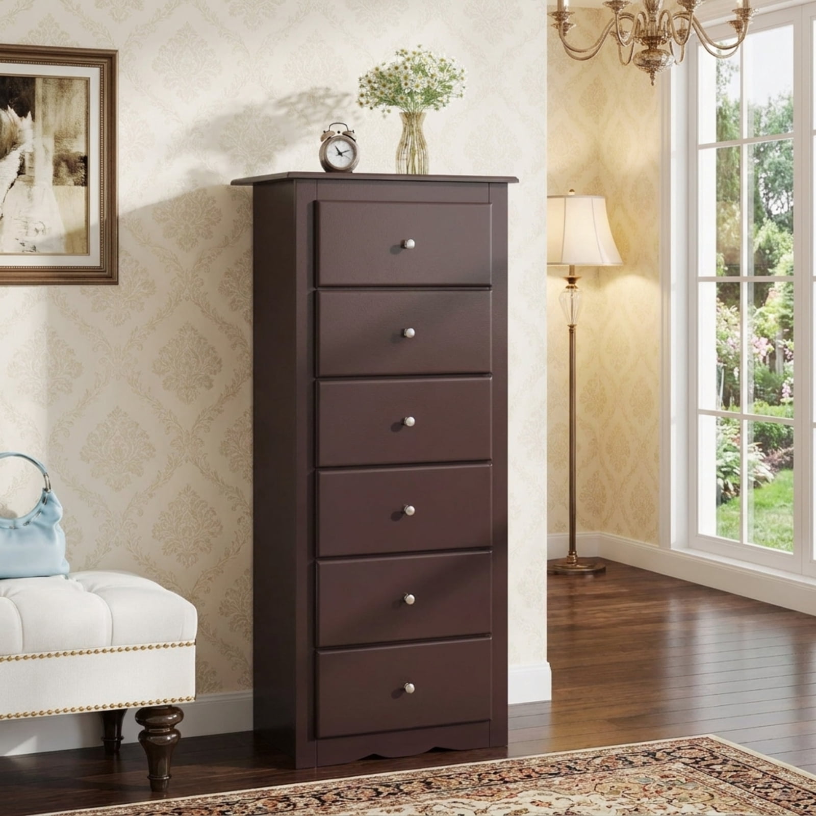 Furnibear 6 Drawers Chest Dresser Clothes Storage Bedroom Furniture Cabinet for Home Office Mobile Storage Cabinet with Wheels, Brown