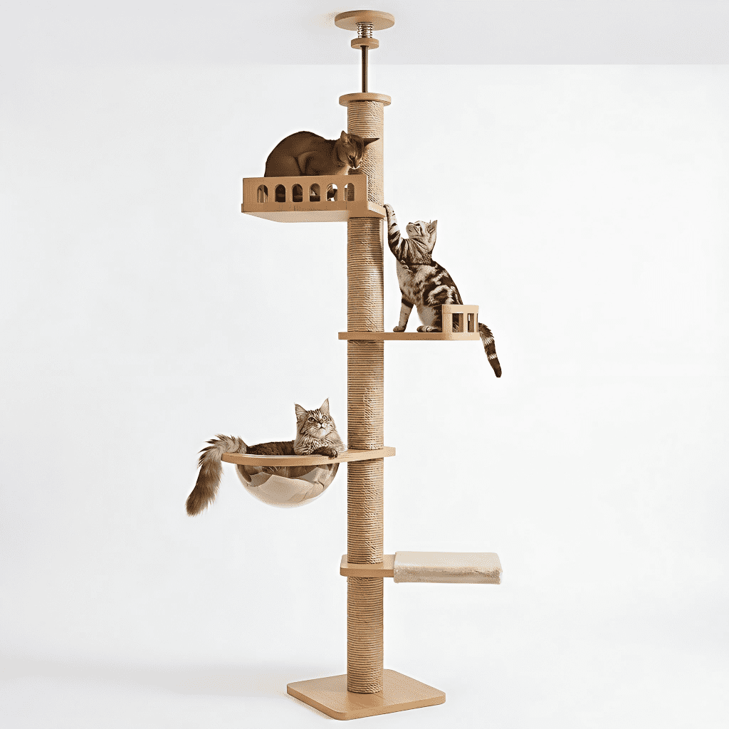 Mekidulu 9ft Floor to Ceiling Wood Cat Tree, 95"-108" Adjustable Height Tower with 4.3" Thick Posts, Brown