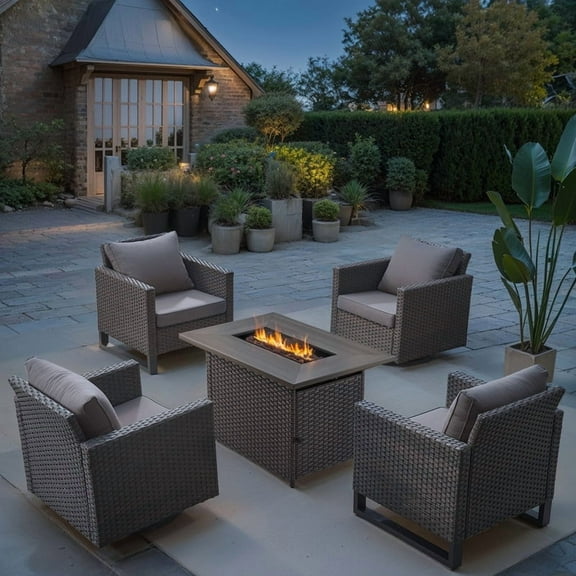 PARKWELL 5 Pieces Patio Furniture with 41" Fire Pit Table and Deep Seat Lounge Chairs,Swivel Gliders,Brown Wicker and Gray Cushions