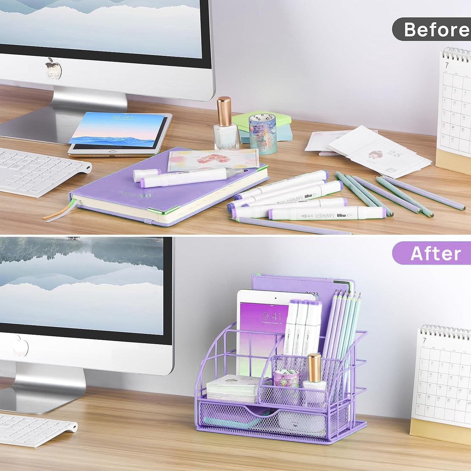 Purple Desk Organizers And Accessories  Office Supplies With Mesh Organizer Tape Dispenser Stapler Staples Ballpoint Pen Clips Set Ruler Scissor Sticky Labels