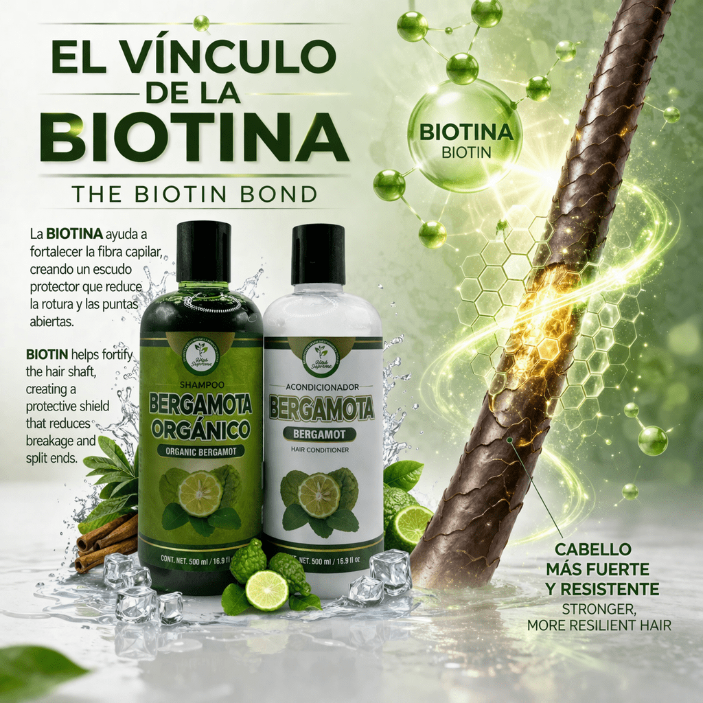Shampoo Organic Bergamot + Conditioner (16.9 fl oz) with Aloe Vera & Rosemary | SHAMPOO ORGÁNICO BERGAMOTA con Sábila & Romero + Acondicionador - 500 ml - Biotina