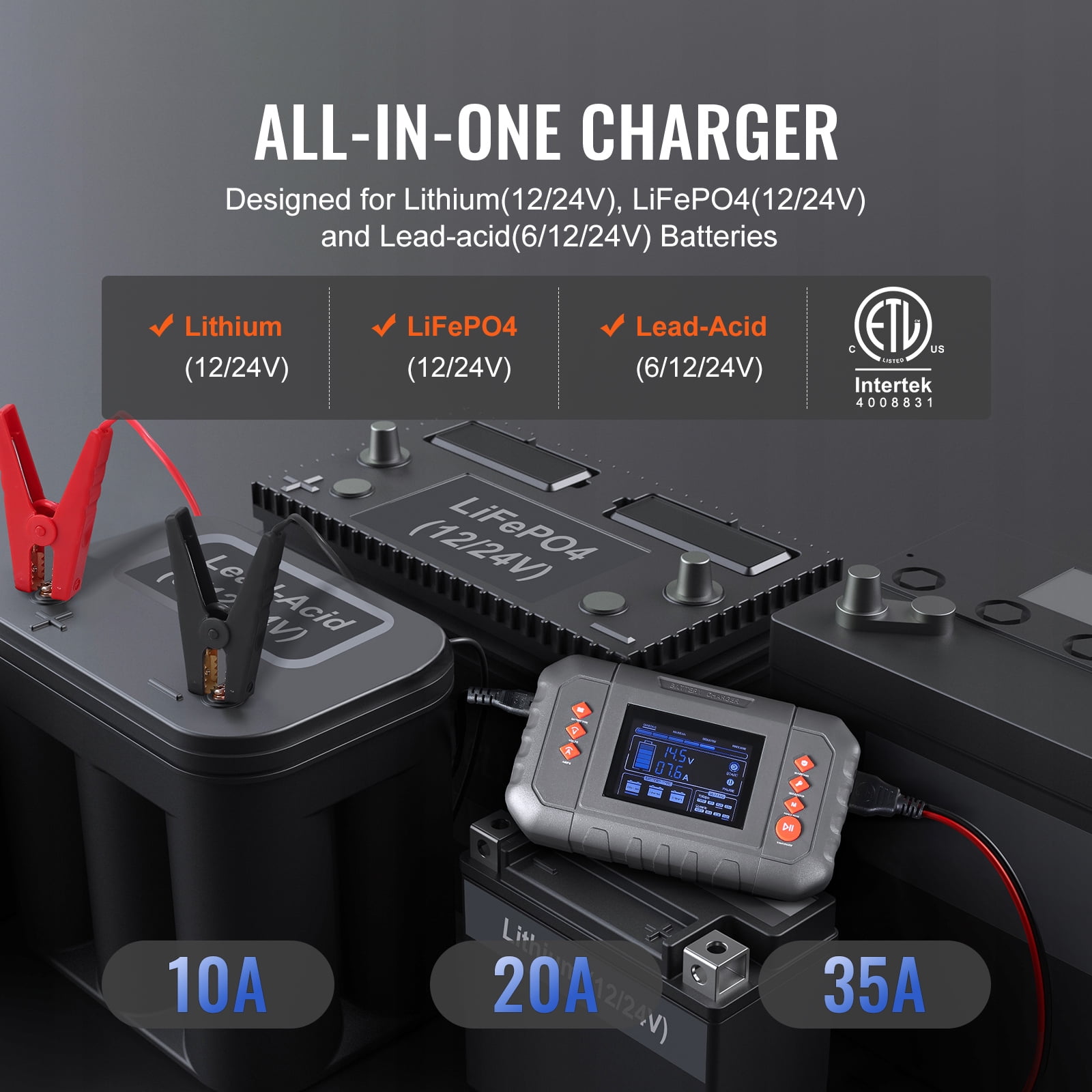 KFFKFF Smart Battery Recharger, 35-Amp, Compatible with Lithium LiFePO4 and Lead-Acid (AGM / Gel / SLA) Car Batteries, Comes with LCD Screen