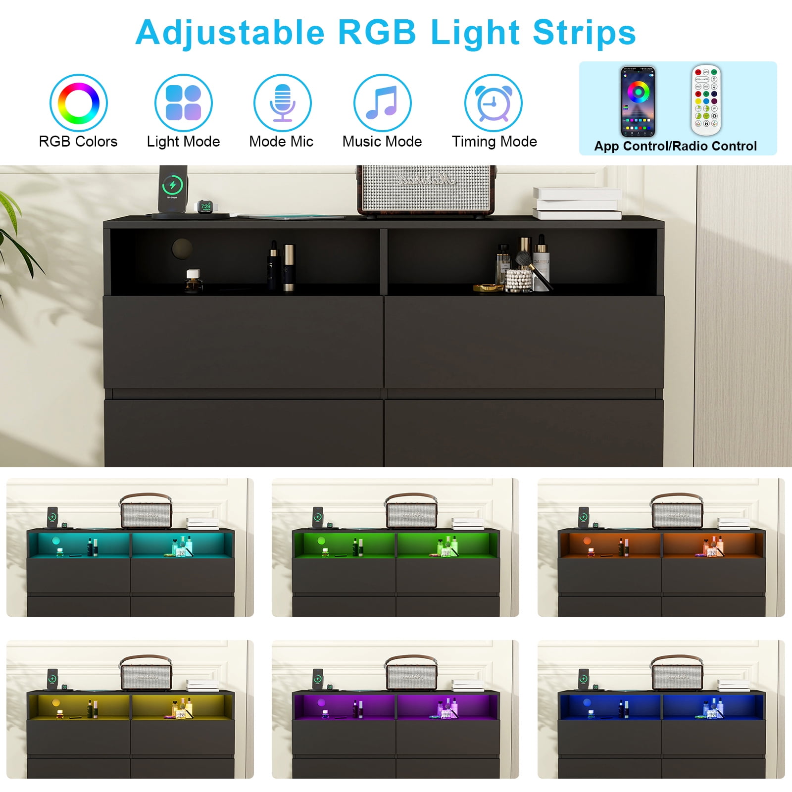 Black Dresser for Bedroom 6 Drawer with LED Lights & Power Outlet Modern TV Stand Double Dresser Wide Chest of Drawers Storage Cabinet for Bedroom,Game Room
