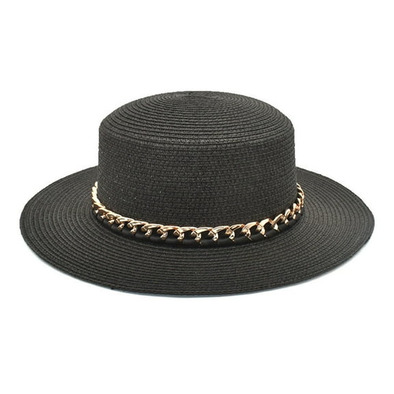 Clearance! Baberdicy Summer Chain Flat Top Straw Hat Womens Outdoor Leisure Sunshade Hat Fashion Beach Top Hat Black