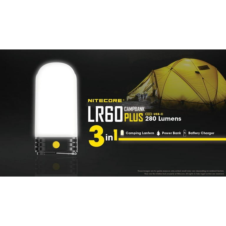 Combo: Nitecore LR60 280 Lumen USB Rechargeable Pocket Camping Lantern w/ 2x NL2150HPR Batteries, Nb5000 5,000mAh Powerbank and Eco-Sensa USB Cable