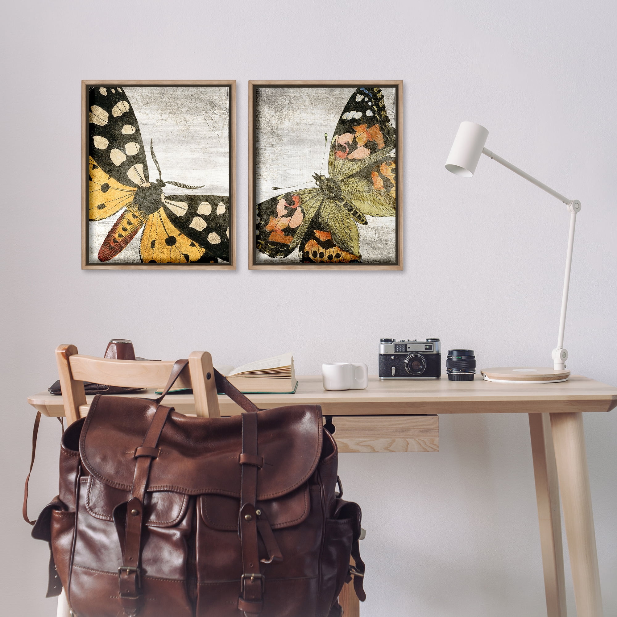 Stupell Industries Vintage Spotted butterflies Animals Painting Brown Floater Framed Canvas Art Print Wall Art, 17 x 21, Set of 2