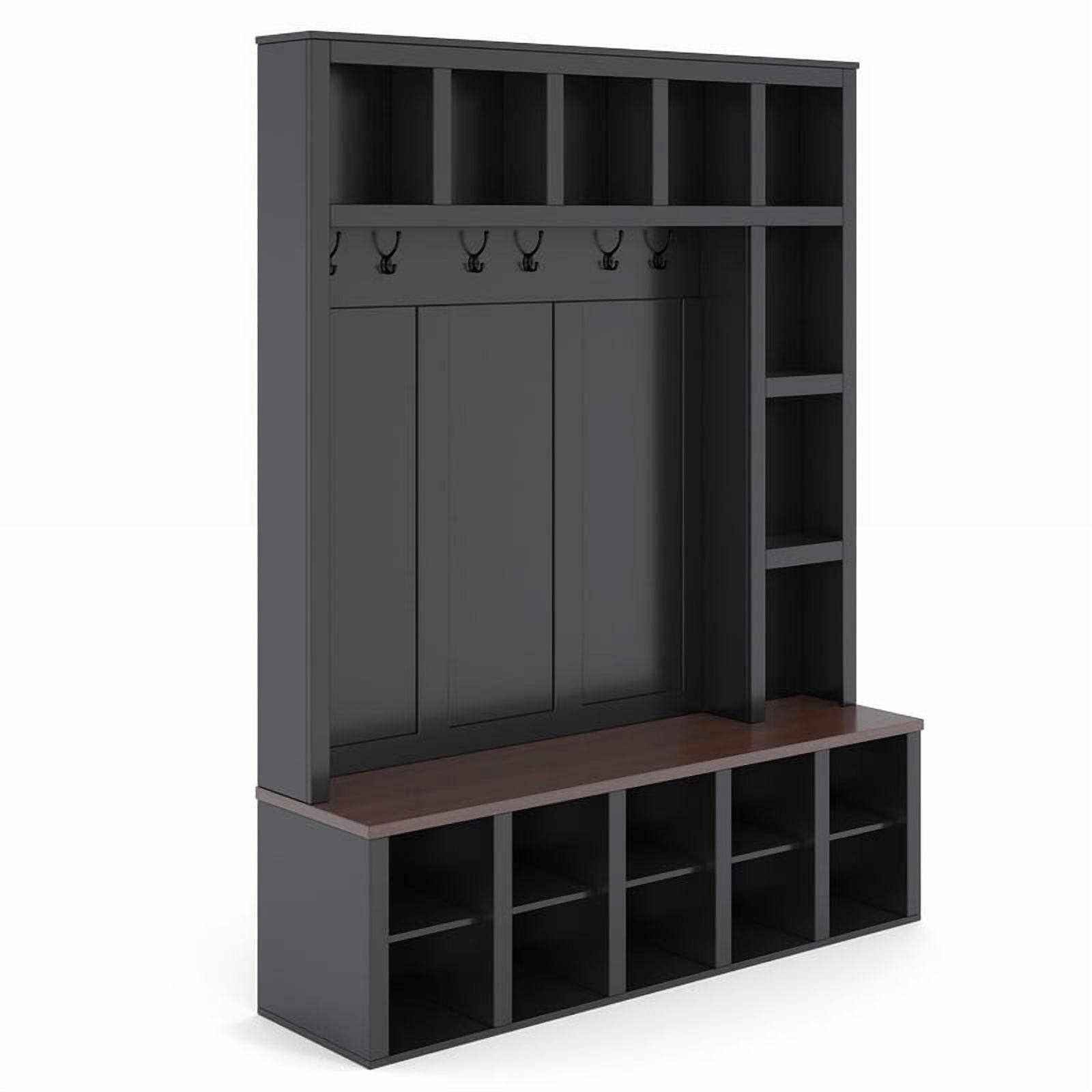 Farmhouse 4-in-1 Entryway Hall Tree with 6 Hooks, Versatile Storage Bench with Open Cubbies, Entryway Coat Rack with Adjustable Shelves for Mudroom, Living Room