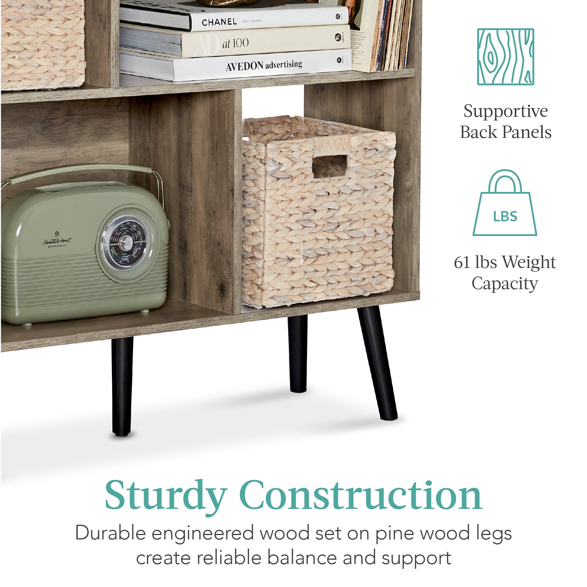 Best Choice Products 3-Tier Mid-Century Modern Wooden Bookcase w/ Removable Back Panels, Offset Pine Legs - Gray Oak