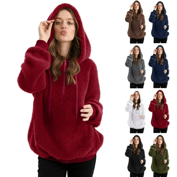 idosla Womens Fuzzy Fleece Pullover Oversized Sherpa Hoodie Faux Fur Winter Jacket Quarter Zip Pullover Sweatshirts (Dark Gray, XL)