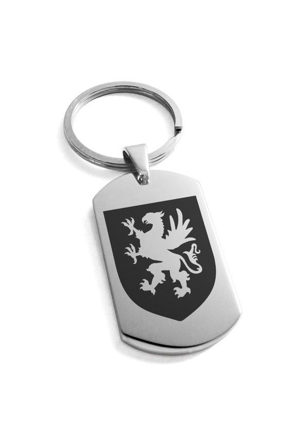Stainless Steel Griffin Valor Coat of Arms Shield Engraved Dog Tag Keychain Keyring