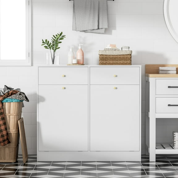 Trash Storage Cabinet with 2 Drawers, Double Tilt Out Trash Can Cabinet, Hidden Garbage Bin, Free Standing Laundry Sorter Organizer for Kitchen Dining Living Room, Bathroom, White