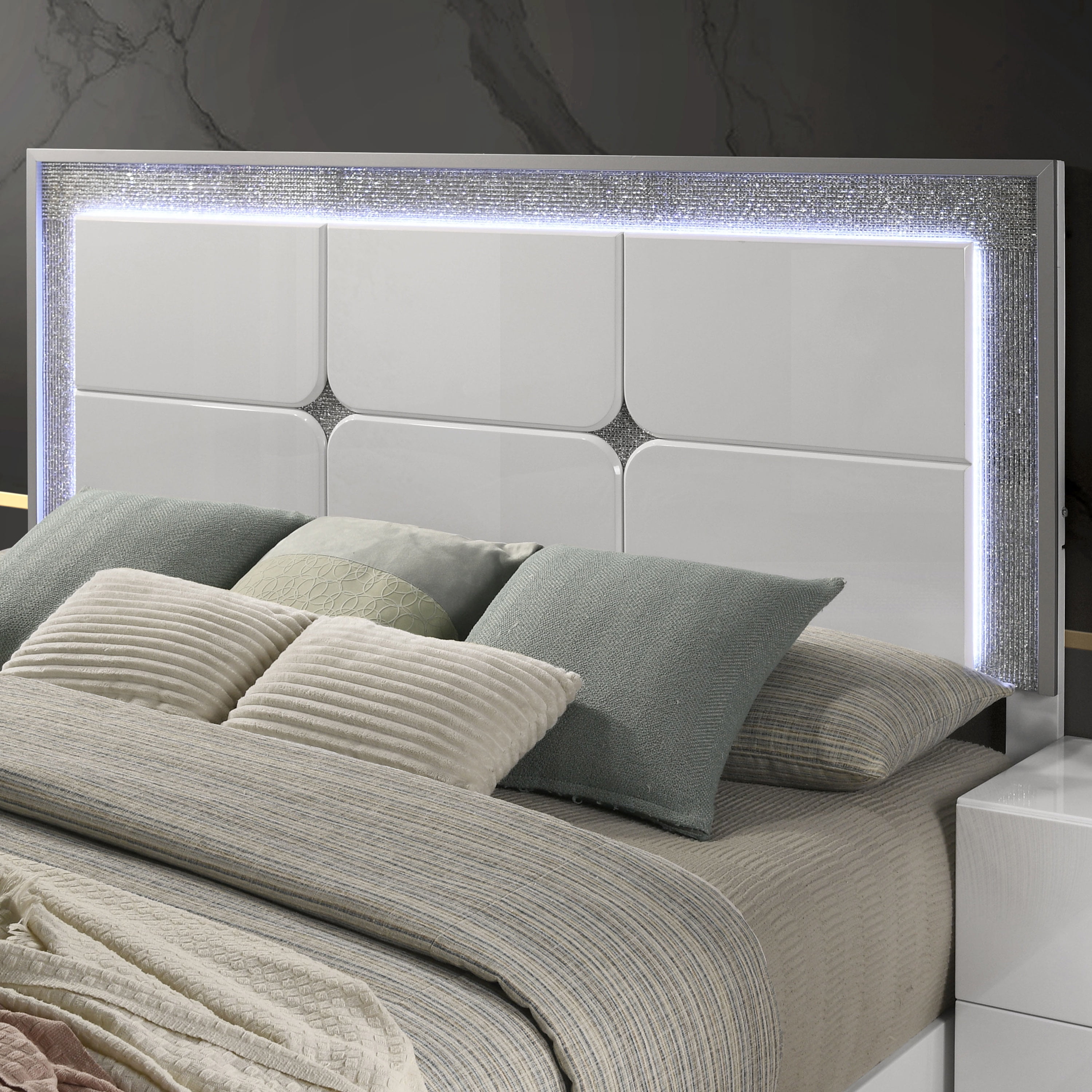 Furniture of America Wellan Adult King Solid Wood Panel Bed with LED Light, White