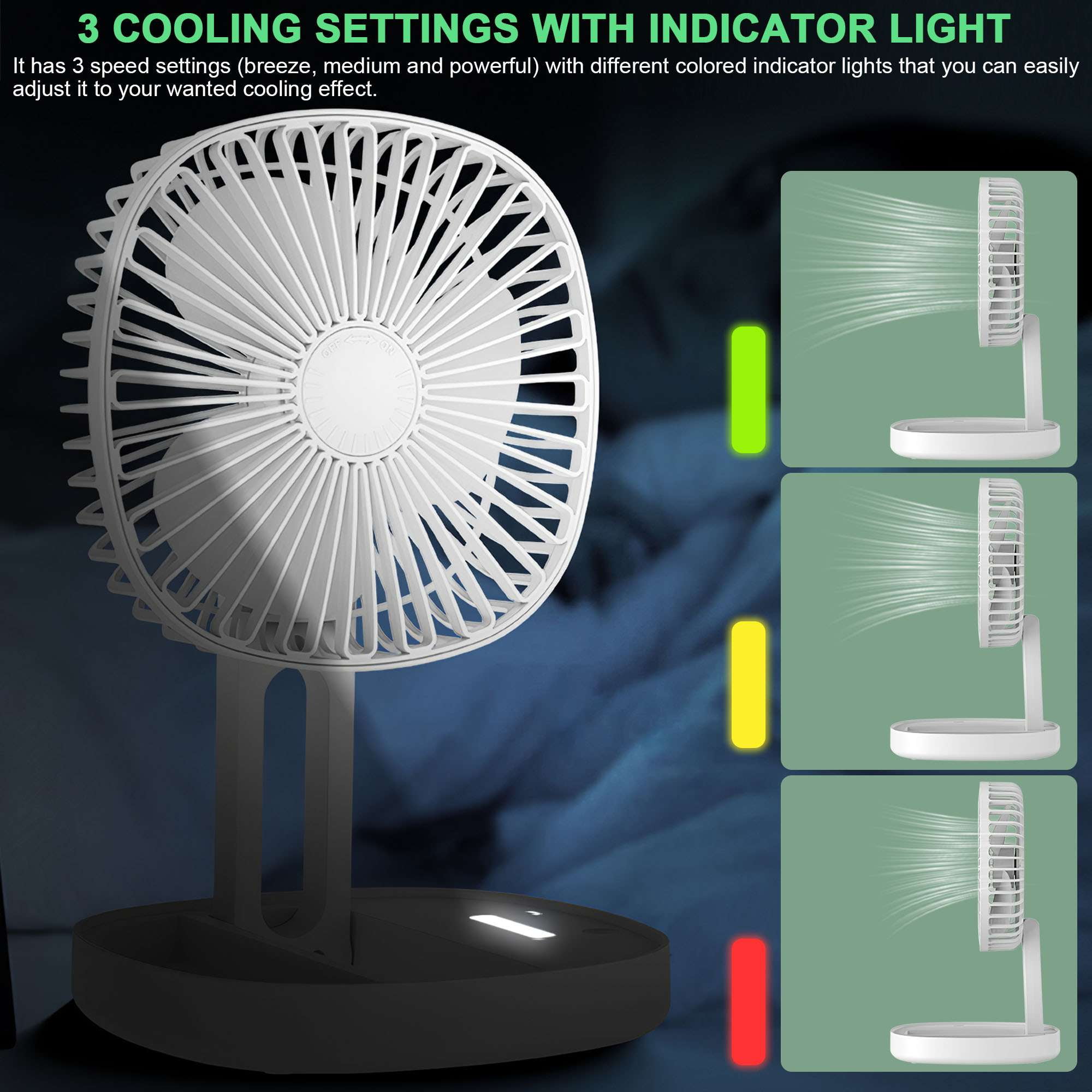 Deago 6.5 Inch Portable Travel Fan Folding Desk Fan Battery Operated & Rechargeable 3 Speeds Small Table Fan 185°Rotation Quiet for Bedroom Office