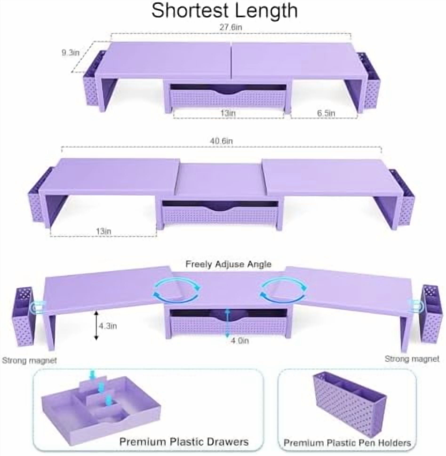 Dual Monitor Stand Riser, Desk Organizer With Drawer and 2 Pen Holders, Desk Organizers and Accessories, Purple Office Decor (Purple)