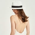 thumbnail image 4 of Sombrero de paja para mujer, sombreros de playa, sombrero de verano para el sol, sombrero Fedora de ala ancha tipo Panamá, UPF50+, 4 of 4
