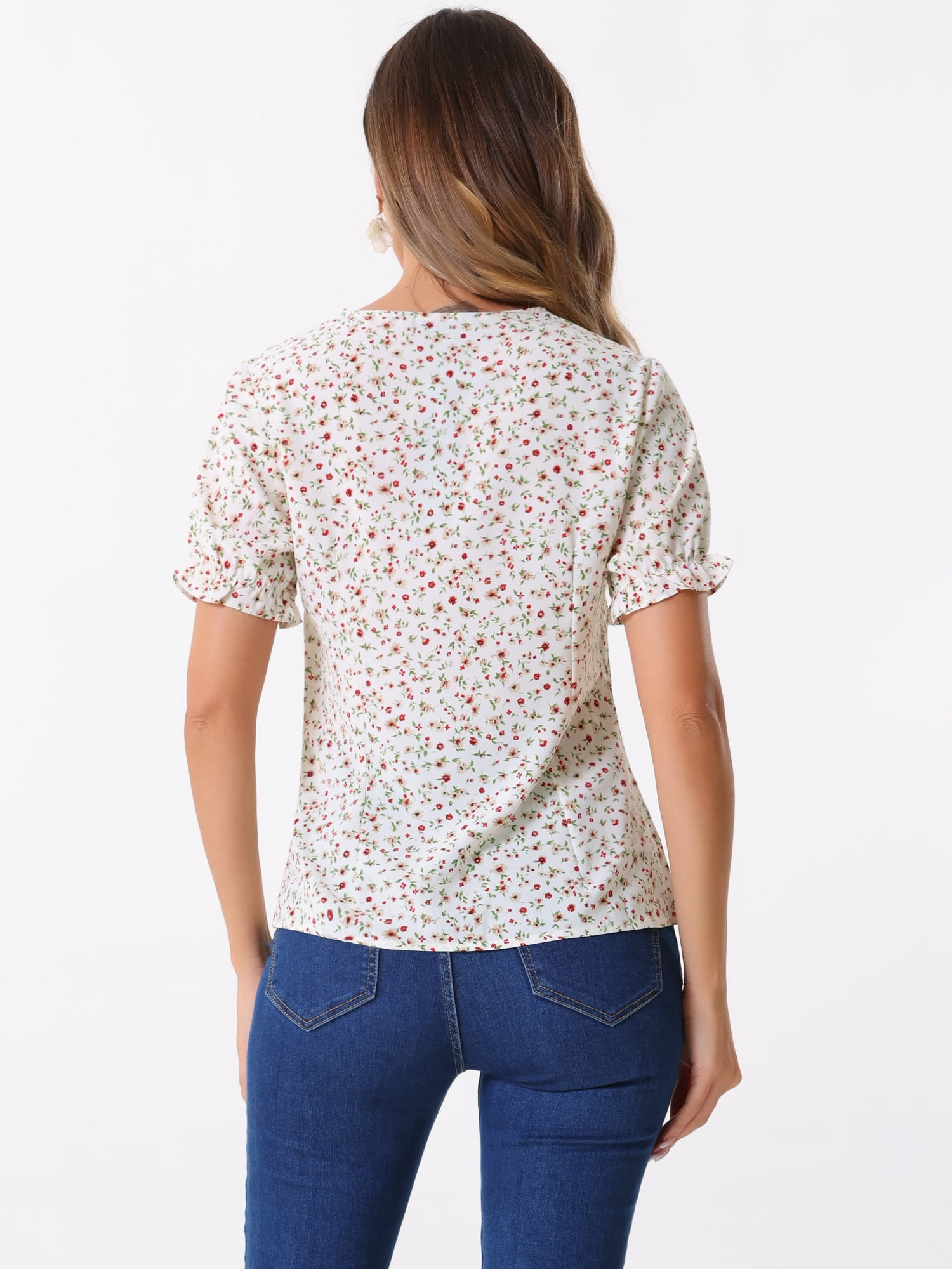 DARING DIVA Women's Ruffled Bubble Short Sleeve Floral Blouse L White