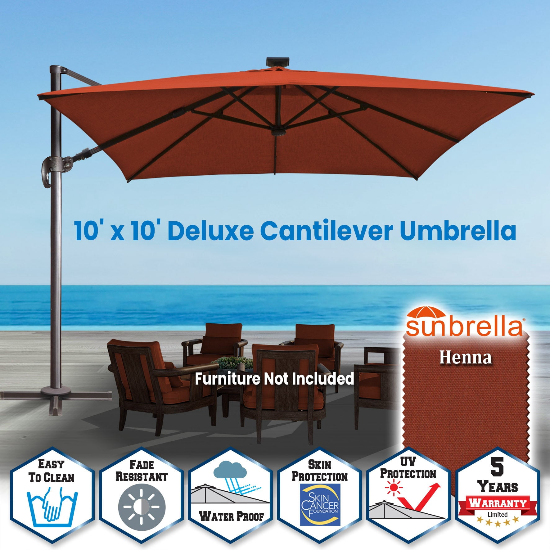 SUNRISEUMBRELLA Square 10'x10' Deluxe Roma square cantilever umbrella, With LED light(Henna)