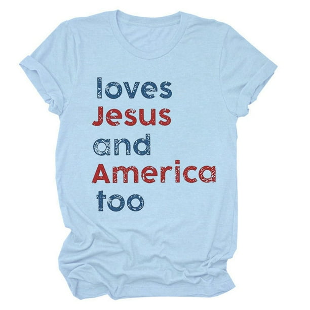 Camiseta patriótica para mujer del 4 de julio: estampado «Loves America Too», cuello redondo, top informal de verano - S-XXXL