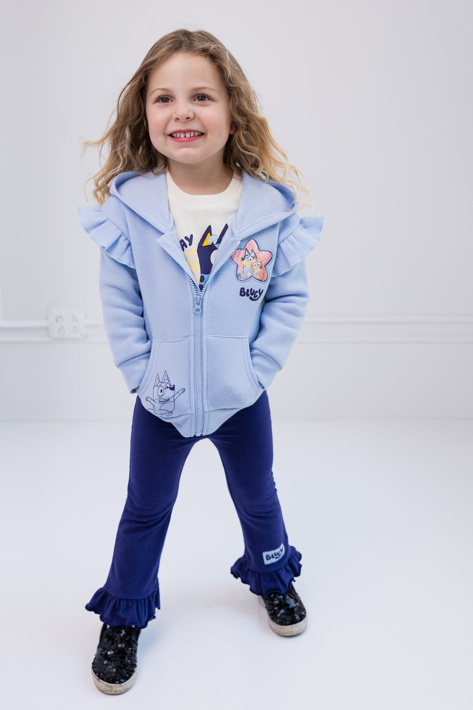 Bluey Bingo Fleece Drop Shoulder Zip Up Hoodie, Ribbed T-Shirt and Pants 3 Piece Outfit Set Toddler to Big Kid