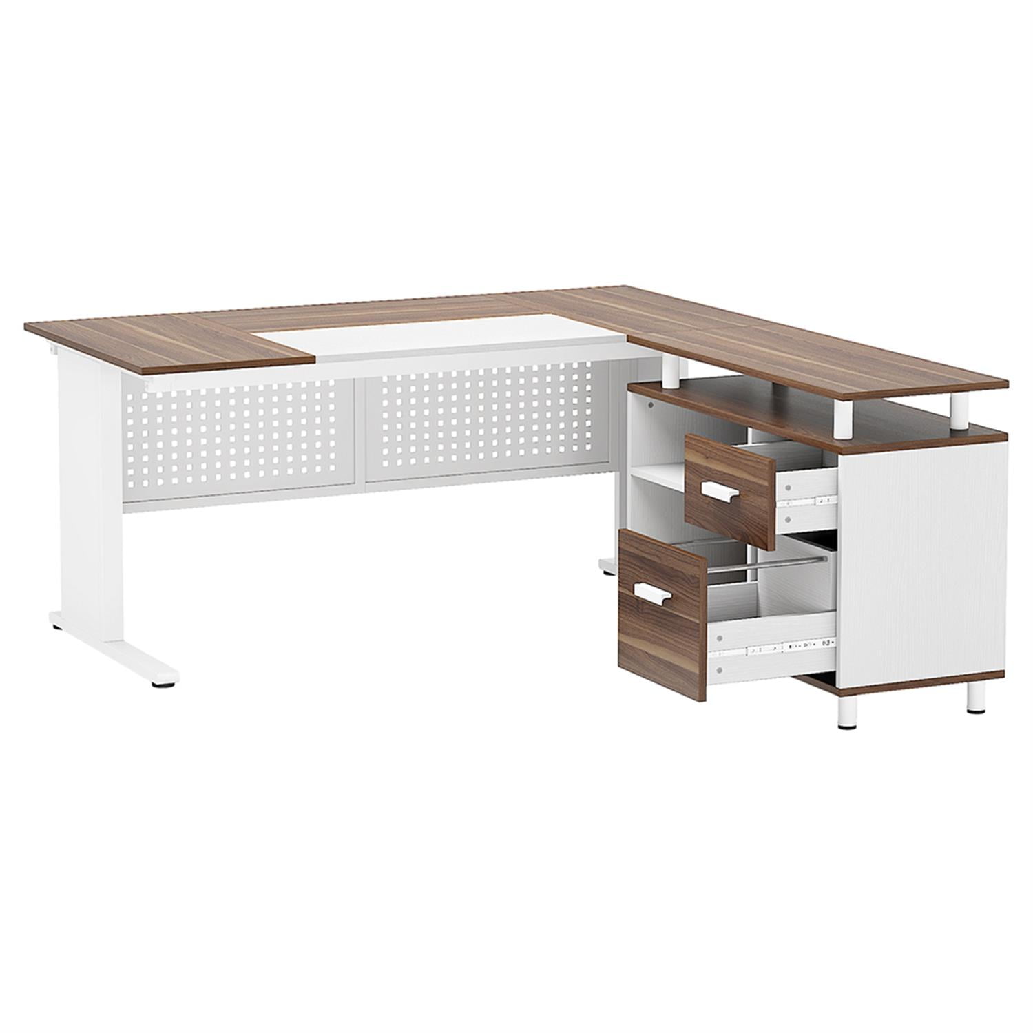 Demi Bonn 63" Modern Large Computer Desk with File Cabinet, Industrial L-Shaped Executive Desk, Study Work Desk for Home Office, Study, Living Room, White