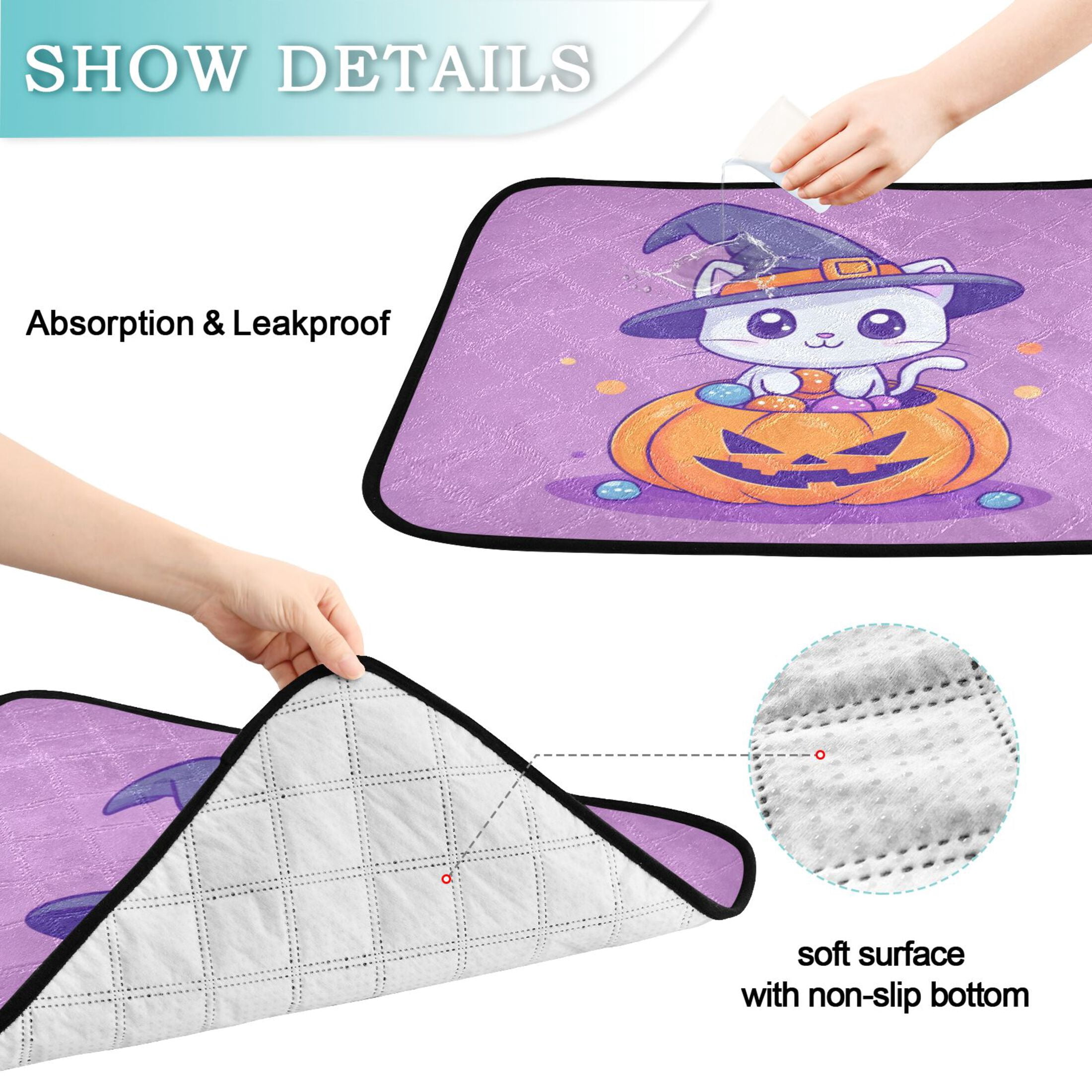 Qxltty A Cute Cat Sitting on Top Of Pumpkin Cat litter Pads Pet Set of 3 Diaper Mats Center Anti-leakage Layer Absorbent Soft and Comfortable