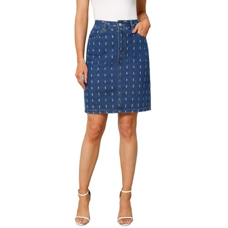 INSPIRE CHIC Women's Denim Skirt High Waist Swiss Dots Distressed H-Line Knee Length Jean Skirts M Dark Blue